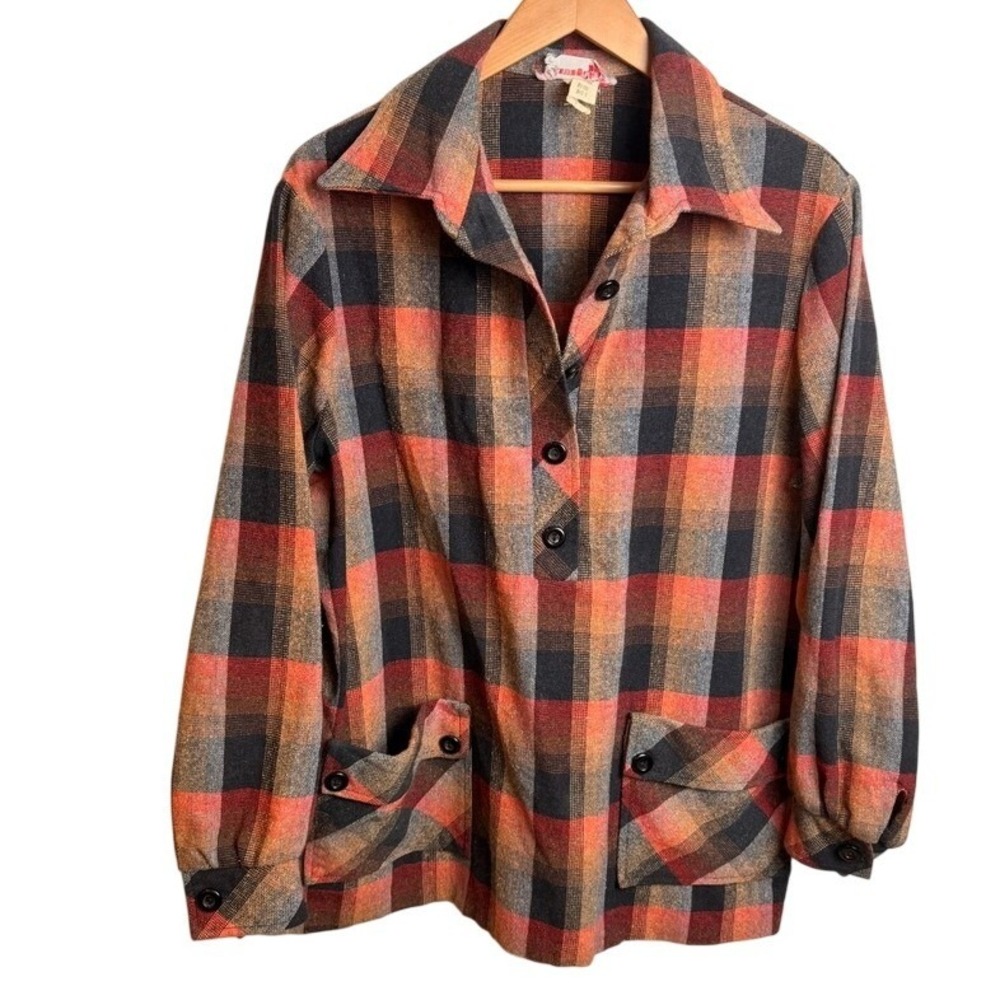 Vintage Womens Plaid Shacket M Pullover Orange Black Flannel Retro 70s 80s Cabin